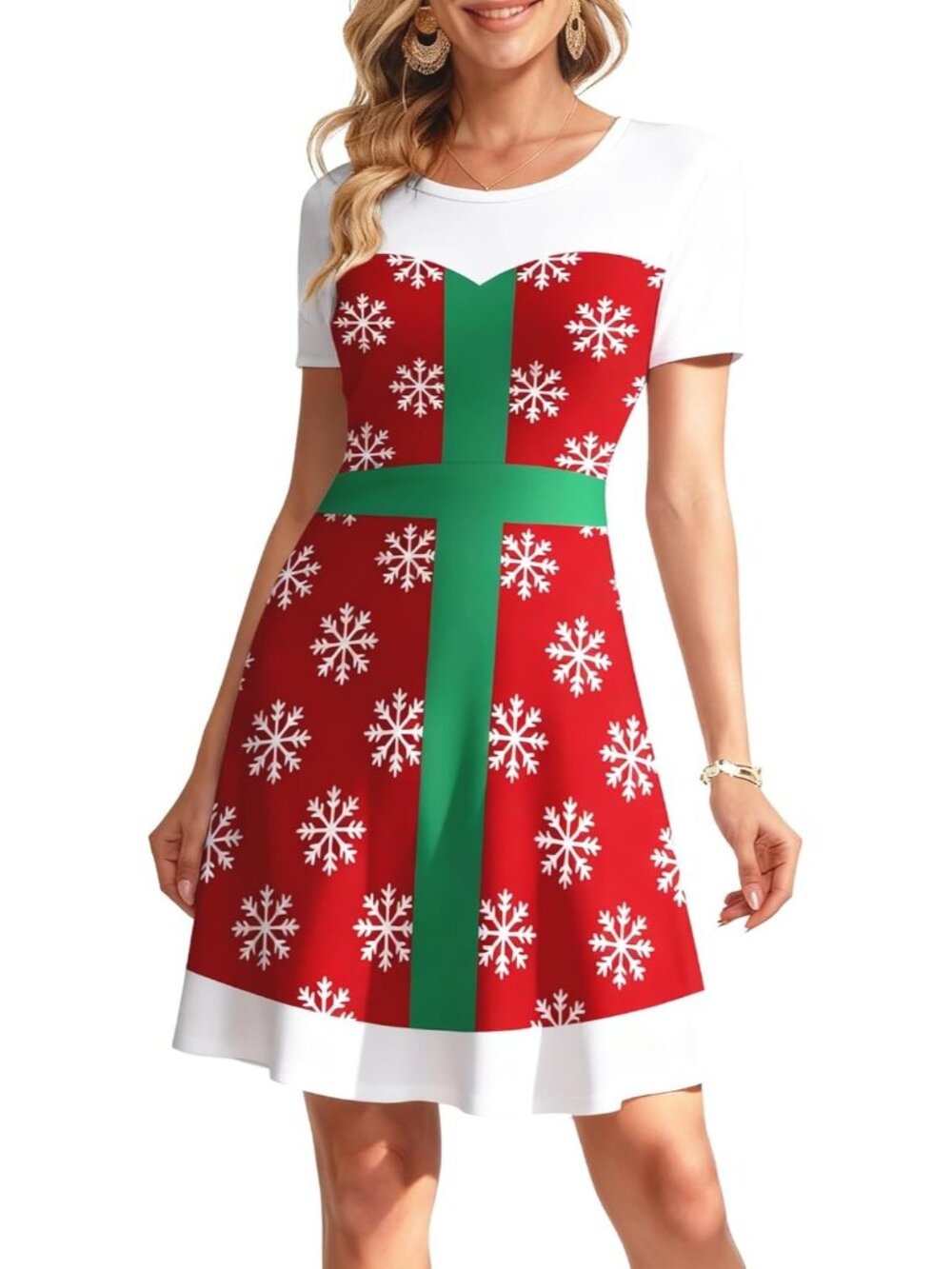 Women's Red White Holiday Party Ugly Xmas Print Short Sleeves Christmas Dresses